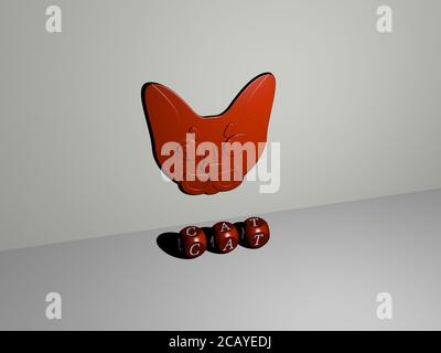 icône cat 3D sur le mur et texte des alphabets cubes sur le sol. Illustration 3D. Animal et arrière-plan Banque D'Images