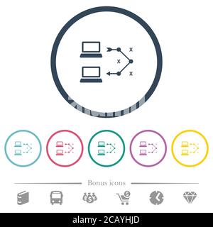 Traceroute des icônes de couleur plate de l'ordinateur distant dans des contours ronds. 6 icônes bonus incluses. Illustration de Vecteur