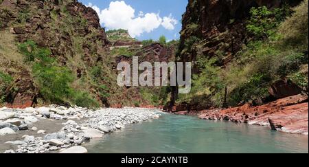 Rivière var et pierres rouges au fond du canyon de Daluis ou de la gorge de Daluis. Alpes Maritimes, France pendant l'été Banque D'Images