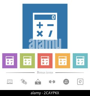 Calculatrice de poche icônes blanches plates sur fond carré. 6 icônes bonus incluses. Illustration de Vecteur