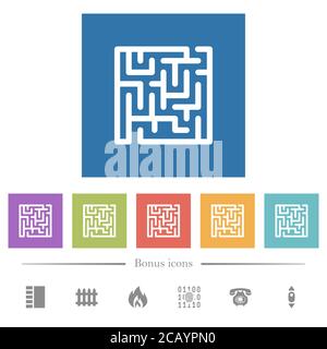 Icônes blanches plates en labyrinthe sur fond carré. 6 icônes bonus incluses. Illustration de Vecteur