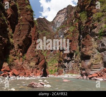 Rivière var et pierres rouges au fond du canyon de Daluis ou de la gorge de Daluis. Alpes Maritimes, France pendant l'été Banque D'Images