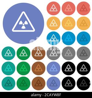 Icônes plates multicolores d'avertissement nucléaire sur fond rond. Inclut des variantes d'icônes blanches, claires et sombres pour les effets de survol et d'état actif, et Illustration de Vecteur