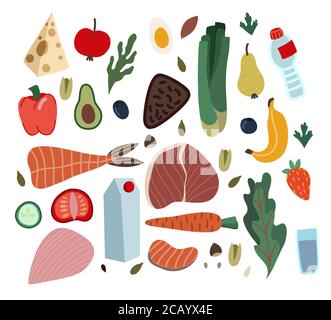 Ensemble d'aliments sains tels que repas, légumes et fruits. Illustration à plat de dessin animé vectoriel. Illustration de Vecteur