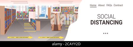 bibliothèque avec des signes de distanciation sociale autocollants jaunes coronavirus protection épidémique mesures horizontales copie espace vecteur illustration Illustration de Vecteur