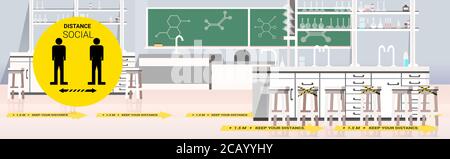 laboratoire de chimie avec des signes de protection sociale contre les épidémies de coronavirus mesure concept moderne intérieur salle de classe illustration vectorielle horizontale Illustration de Vecteur