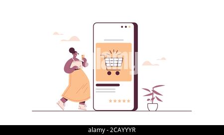 femme utilisant un smartphone achetant des choses dans le consumérisme de la vente en ligne de magasin achats en ligne ecommerce smart purchasing concept horizontal pleine longueur vecteur illustration Illustration de Vecteur