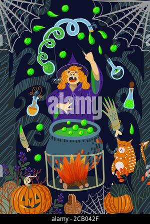 Halloween sorcière se conjres dans la forêt au-dessus du pot de potion. Illustration à plat de dessin animé vectoriel. Illustration de Vecteur