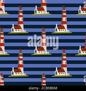 Phare de mer sur fond bleu avec bandes horizontales noires. Phare bâtiment lumineux avec détails rouges. Motif simple pour une conception plate, ou Illustration de Vecteur