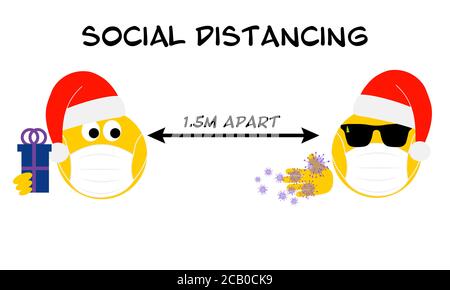 Social distancing vacances de Noël emoji, coronavirus, covid 19, deux émoji 1.5m d'intervalle texte. Noël 2020 le nouveau concept normal de pandémie Banque D'Images