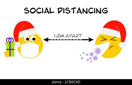 Social distancing vacances de Noël emoji, coronavirus, covid 19, deux émoji 1.5m d'intervalle texte. Noël 2020 le nouveau concept normal de pandémie Banque D'Images