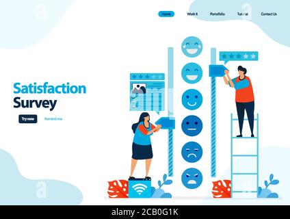 modèle de page d'accueil des enquêtes de satisfaction sur les émoticônes. donnez une note et des étoiles pour les services d'applications. bon feedback avec des émoticônes. illustration pour la bannière Illustration de Vecteur