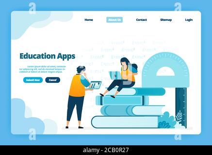 Page d'accueil des applications d'éducation. Enseignement à distance moderne avec des cours Internet virtuels. Illustration de la page d'arrivée, du site Web, des applications mobiles, de l'affiche, de la Illustration de Vecteur