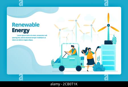 Illustration vectorielle de la page d'arrivée des stations de charge de batterie de voiture électrique avec l'énergie verte des centrales éoliennes. Conception pour site Web, Web, banne Illustration de Vecteur