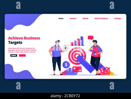 Modèle de bannière de dessin animé vectoriel pour atteindre les objectifs commerciaux avec analyse financière. Modèles de création de page d'arrivée et de site Web pour les entreprises. Illustration de Vecteur