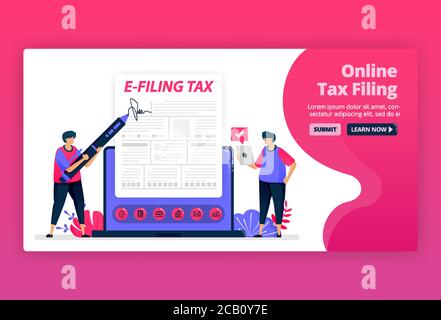 Illustration vectorielle de la production et du paiement de l'impôt sur le revenu avec des formulaires en ligne. Déclaration d'impôt numérique avec formulaire électronique. Applications de factures d'impôts. Peut être utilisé pour l'atterrissage Illustration de Vecteur