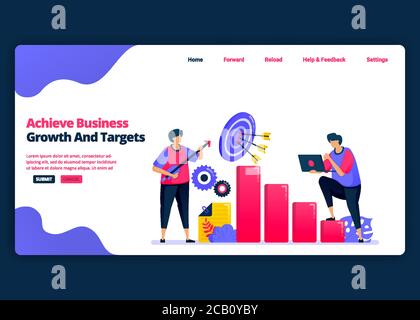 Modèle de bannière de dessin animé vectoriel pour atteindre les objectifs de croissance des bénéfices de l'entreprise et d'emplois. Modèles de création de page d'arrivée et de site Web pour les entreprises. C Illustration de Vecteur