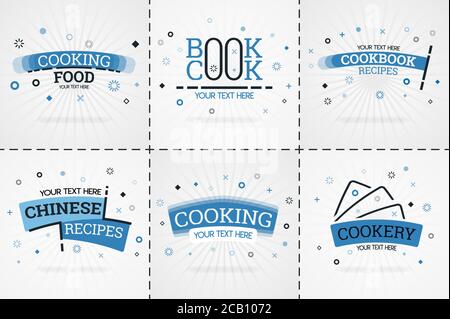 Ensemble de livres de cuisine bleus pour les magazines de nourriture et de recettes. Titres ou badges de menu de restaurant pour les magasins d'alimentation et les restaurants. Design minimaliste pour la cuisine Illustration de Vecteur