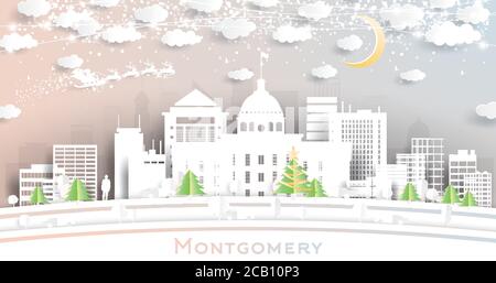 Montgomery Alabama USA City Skyline en papier coupé avec flocons de neige, Lune et Neon Garland. Illustration vectorielle. Concept Noël et nouvel an. Illustration de Vecteur