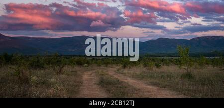 Paysage panoramique avec nuages roses. Route de campagne et forêt avec montagnes. Magnifique paysage d'été au coucher du soleil. Paix et tranquillité. Motif rural. Banque D'Images