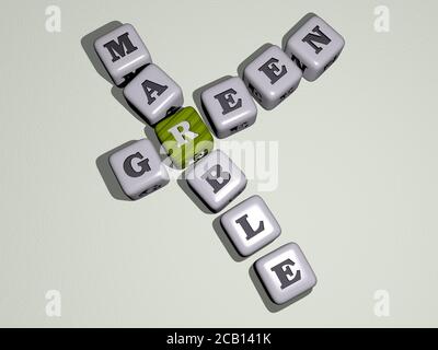 MOT de croix DE MARBRE VERT par des lettres de dés cubes. Illustration 3D. Arrière-plan et beau Banque D'Images