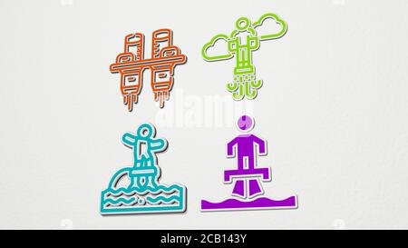 flyboard ensemble d'icônes colorées. Illustration 3D Banque D'Images
