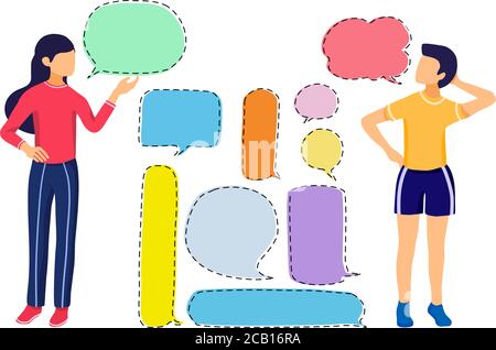 Femme parlant avec l'homme avec un ensemble de bulles de discours , nouvelles, annonce , promotion, nouvelles, publicité, concept commercial, illustration vectorielle Illustration de Vecteur