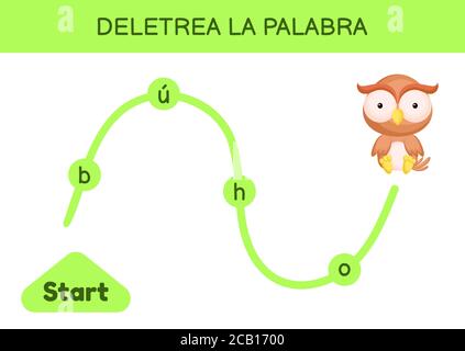 Deletrea la palabra - Spell le mot. Labyrinthe pour les enfants. Modèle de jeu de mots d'orthographe. Apprenez à lire le mot hibou. Page d'activité pour l'étude en espagnol Illustration de Vecteur