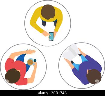 Distance sociale, hommes se tiennent dans le cercle, garder la distance pour 2 centimètres, protection de la santé, nouvelle normale, utiliser le téléphone, boire du café, lire le livre, vecteur Illustration de Vecteur
