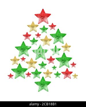 Sapin de Noël en étoiles brillantes fond blanc isolé gros plan, vert, rouge, étoiles dorées en forme de pin décoratif du nouvel an, décoration de Noël Banque D'Images