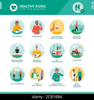 Le vieillissement en santé et les icônes de bien-être senior ensemble: Un mode de vie sain, l'entretien du cerveau et la forme physique pour les personnes âgées Illustration de Vecteur