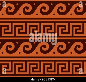 Motif grec vectoriel sans couture, vase antique vagues décoration en marron et orange Illustration de Vecteur