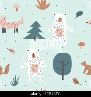 Motif puéril sans coutures avec renard et écureuil d'ours. Texture créative pour le tissu, le textile Illustration de Vecteur