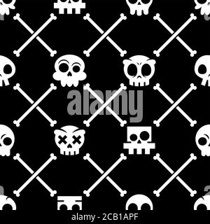 Halloween crâne vector sans coutures, Mexique cute crânes avec os design, Dia de los Muertos ornement blanc sur fond noir Illustration de Vecteur