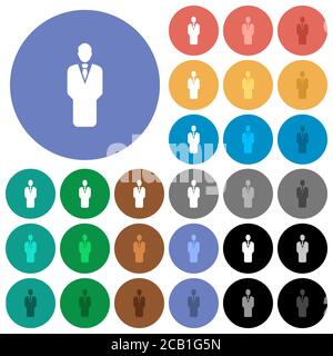 Homme d'affaires silhouette multi-couleurs plates icônes sur fonds ronds. Inclus des variantes d'icônes blanches, claires et sombres pour l'effet de survol et d'état actif Illustration de Vecteur