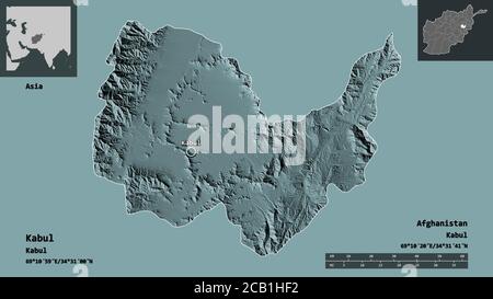 Forme de Kaboul, province d'Afghanistan, et sa capitale. Echelle de distance, aperçus et étiquettes. Carte d'altitude en couleur. Rendu 3D Banque D'Images