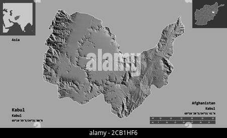 Forme de Kaboul, province d'Afghanistan, et sa capitale. Echelle de distance, aperçus et étiquettes. Carte d'élévation à deux niveaux. Rendu 3D Banque D'Images