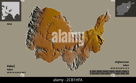 Forme de Kaboul, province d'Afghanistan, et sa capitale. Echelle de distance, aperçus et étiquettes. Carte topographique de relief. Rendu 3D Banque D'Images