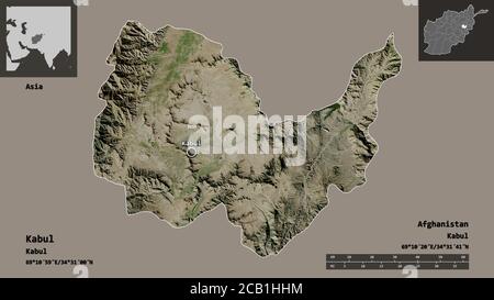 Forme de Kaboul, province d'Afghanistan, et sa capitale. Echelle de distance, aperçus et étiquettes. Imagerie satellite. Rendu 3D Banque D'Images