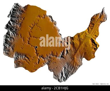 Forme de Kaboul, province d'Afghanistan, avec sa capitale isolée sur fond blanc. Carte topographique de relief. Rendu 3D Banque D'Images