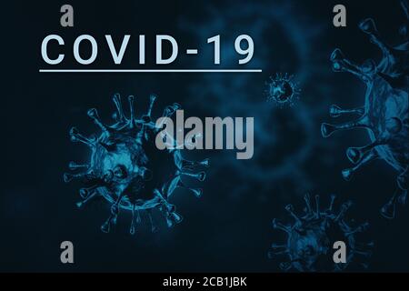 Inscription COVID-19 avec les modèles de cellules virales fond bleu Banque D'Images
