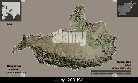 Forme de Nangarhar, province d'Afghanistan, et sa capitale. Echelle de distance, aperçus et étiquettes. Imagerie satellite. Rendu 3D Banque D'Images