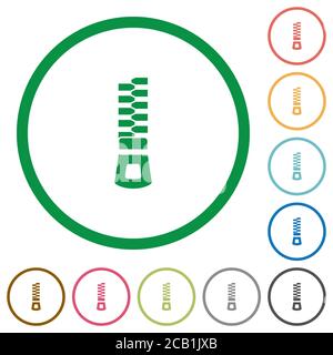 Fermeture éclair verticale couleur plate icônes dans les contours ronds sur blanc arrière-plan Illustration de Vecteur