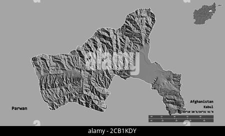 Forme de Parwan, province d'Afghanistan, avec sa capitale isolée sur fond solide. Échelle de distance, aperçu de la région et libellés. Élévation biniveau Banque D'Images