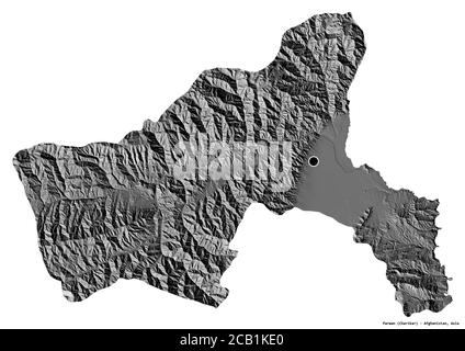 Forme de Parwan, province d'Afghanistan, avec sa capitale isolée sur fond blanc. Carte d'élévation à deux niveaux. Rendu 3D Banque D'Images