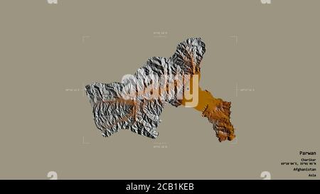 Région de Parwan, province d'Afghanistan, isolée sur un fond solide dans une boîte englobante géoréférencée. Étiquettes. Carte topographique de relief. Rendu 3D Banque D'Images