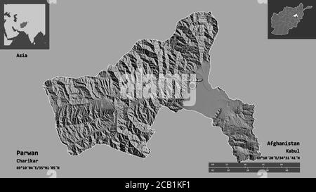 Forme de Parwan, province d'Afghanistan, et sa capitale. Echelle de distance, aperçus et étiquettes. Carte d'élévation à deux niveaux. Rendu 3D Banque D'Images