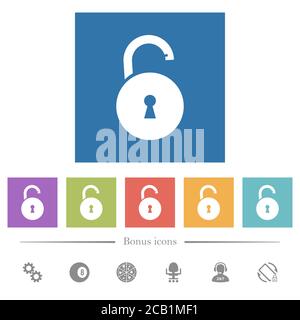 Cadenas rond déverrouillé avec icônes en forme de trou de serrure blanc sur fond carré. 6 icônes bonus incluses. Illustration de Vecteur
