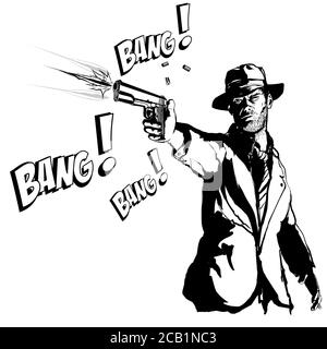 Gangster avec un pistolet dans le style de 1950 film noir et blanc - illustration vectorielle (idéal pour l'impression sur tissu ou papier, poster ou papier peint, huous Illustration de Vecteur