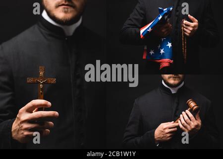 collage de prêtre tenant des perles rosaires, drapeau américain, gavage et croix isolés sur le noir Banque D'Images